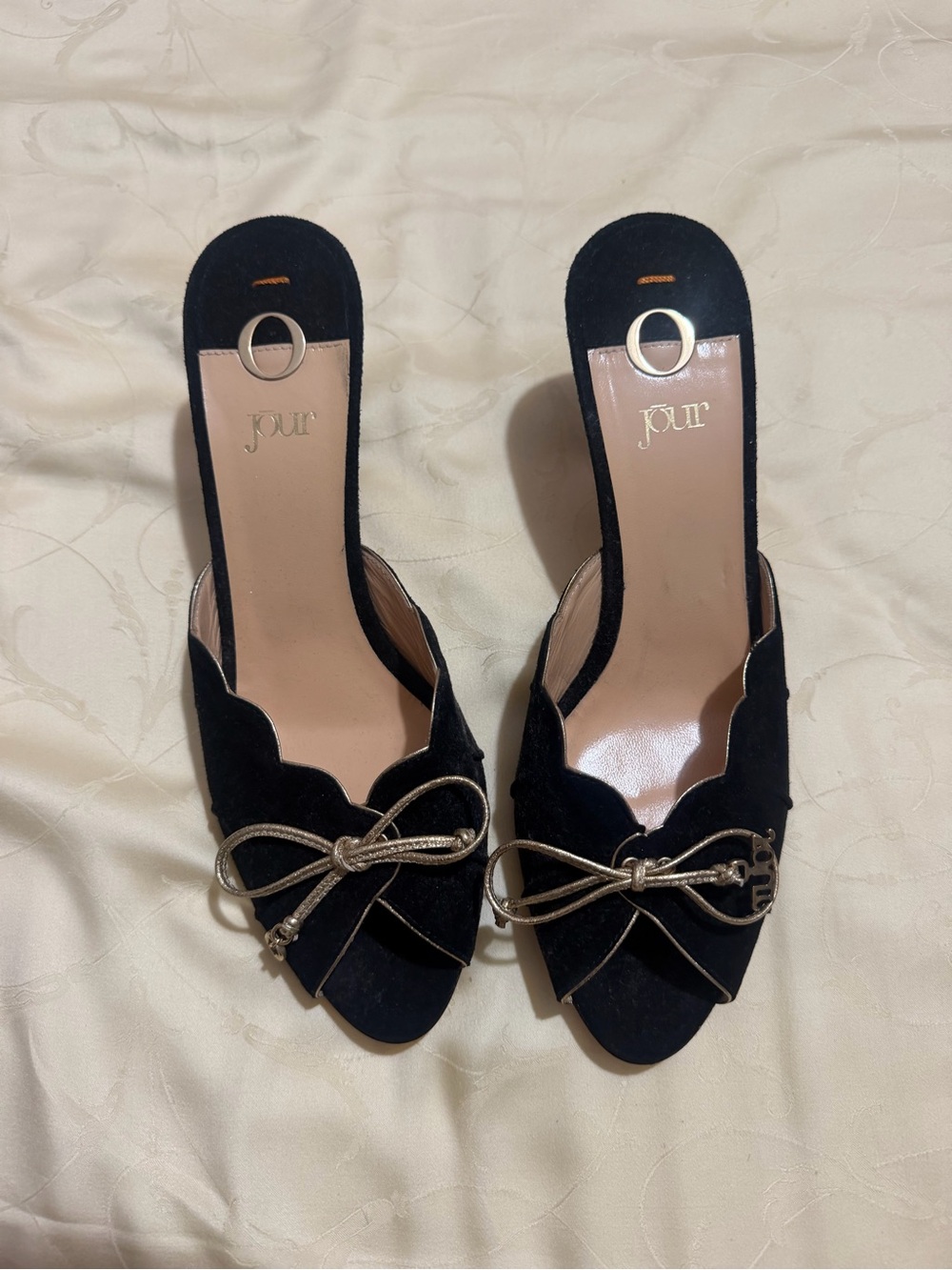 Black Suede Open-Toe Mules with Gold Bow Accent